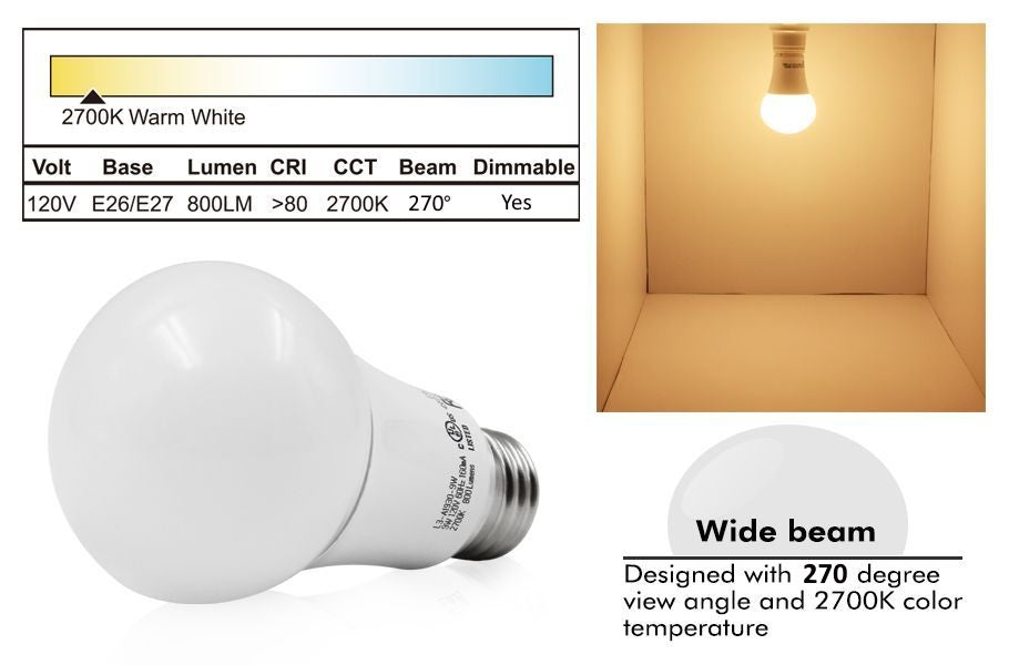 Dimmable A60 9W LED Light Bulb -2700k - Warm White - E26/E27